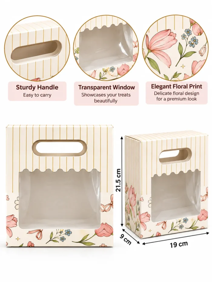 Hamper Bag Floral Print Cream color jar bag with window Medium size