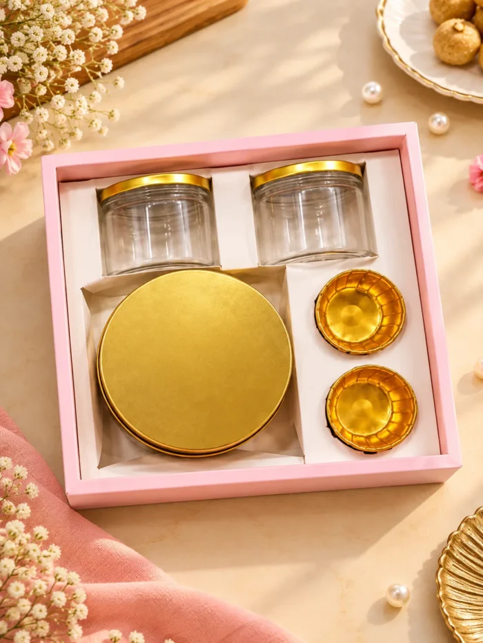 Hampers Box with 5 compartments Pastel pink -10*10*3.5 inches with transparent lid