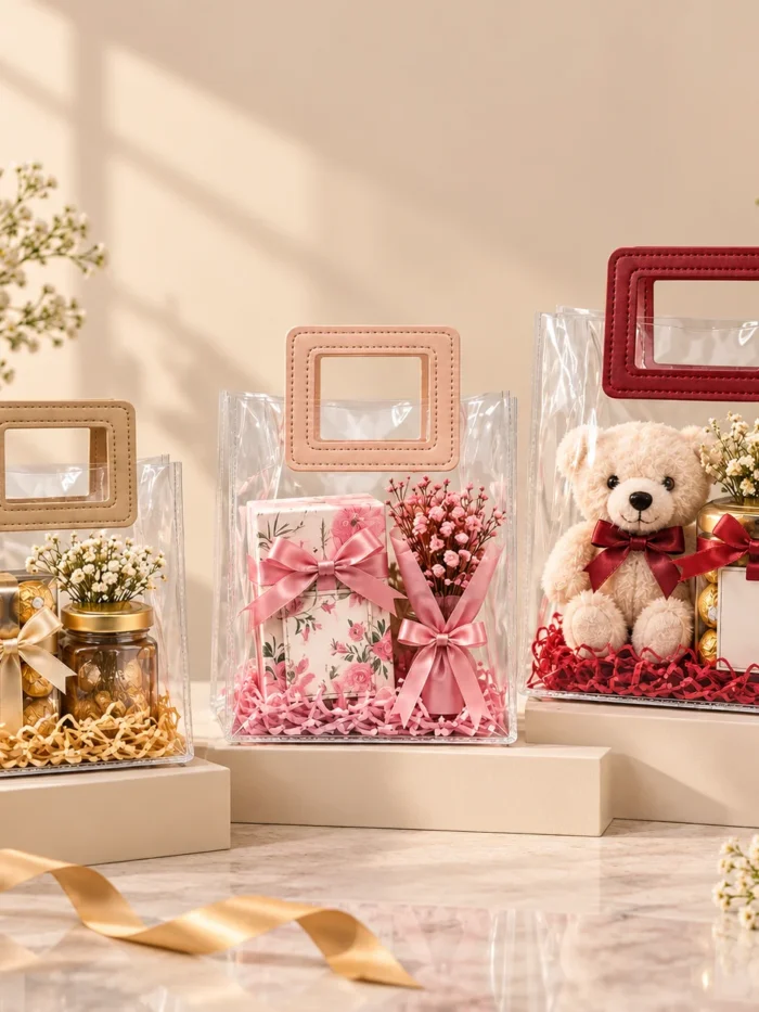 Frosted PVC Hamper bag with Leather Handle
