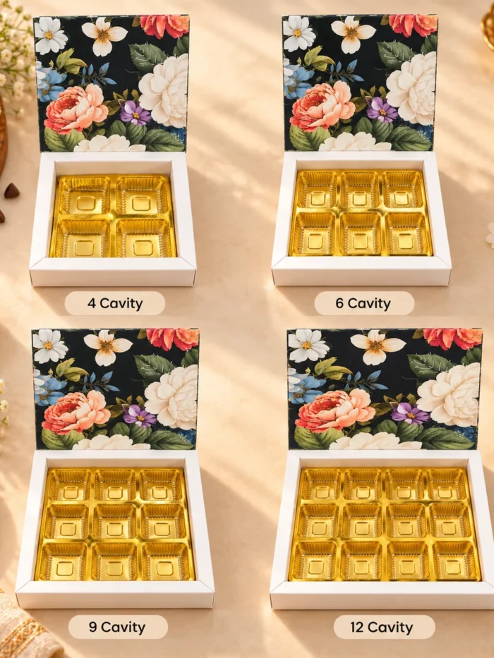 Printed Floral Chocolate Box with Cavity - Navy Blue
