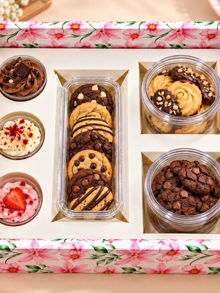 Hampers Box Floral print pink with transparent lid -6 compartments (11*11*3.5 inches)