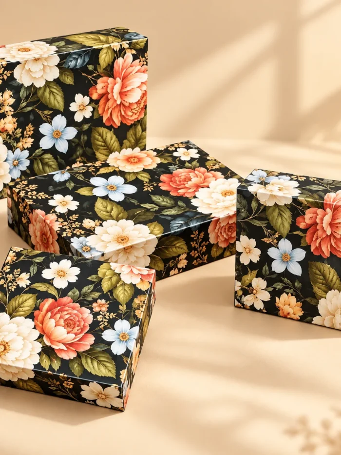 Printed Floral Chocolate Box with Cavity - Navy Blue