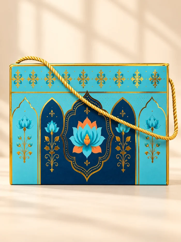 Hamper Box Handbag Type with rope handle Blue with Lotus print