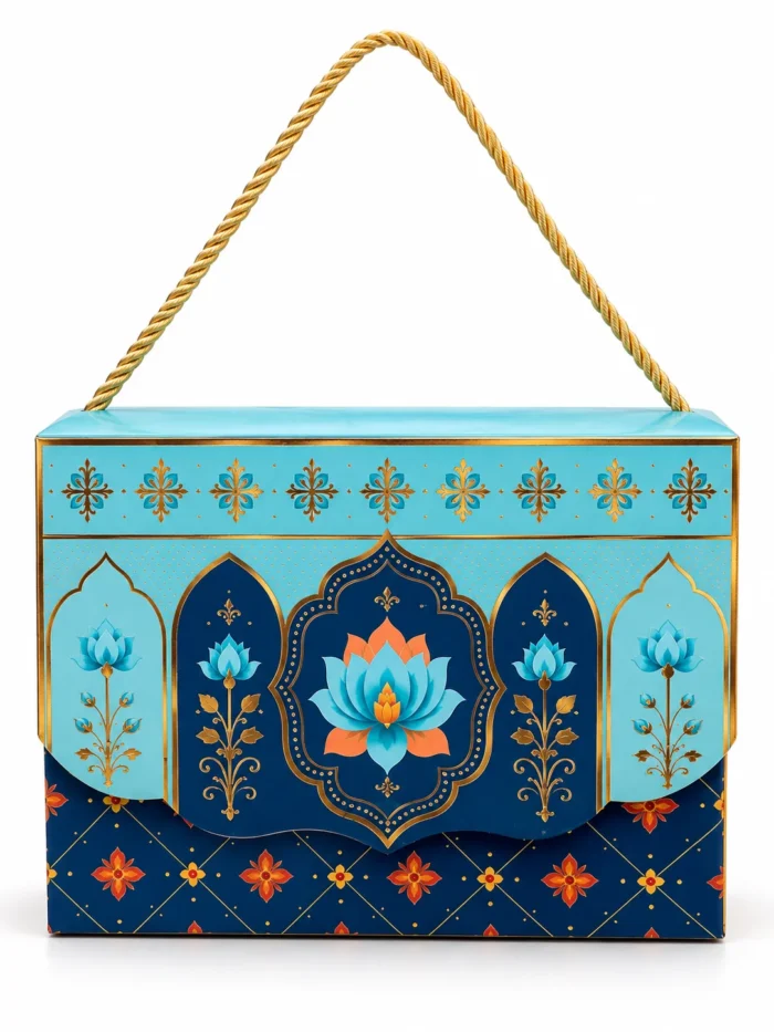 Hamper Box Handbag Type with rope handle Blue with Lotus print