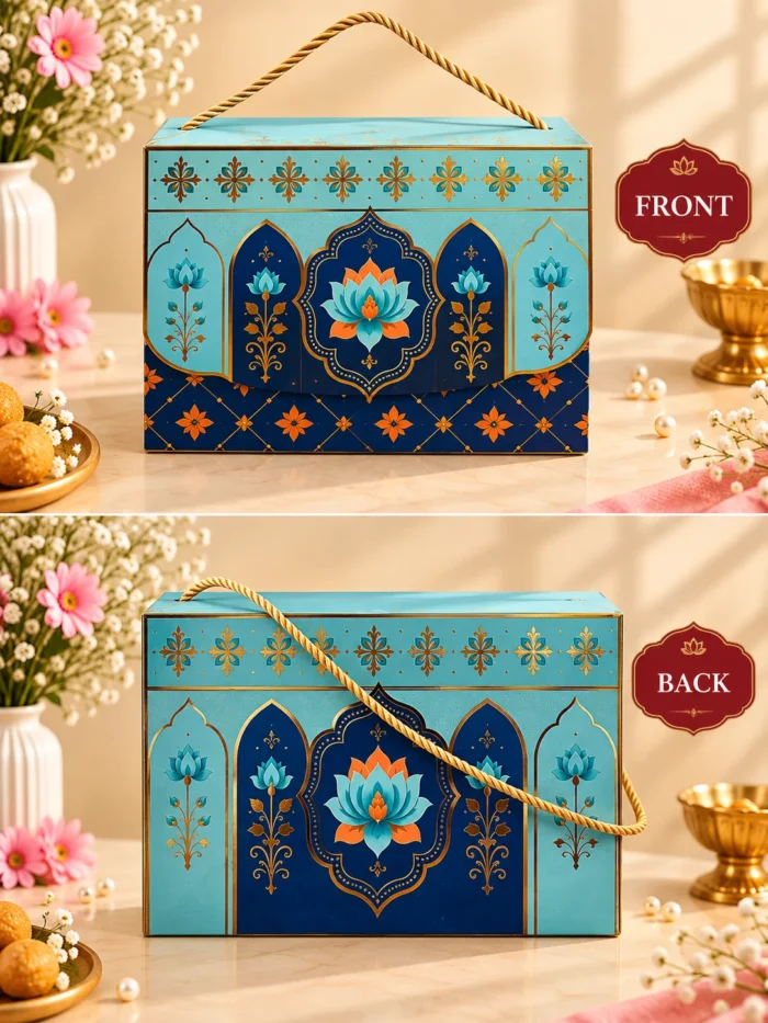 Hamper Box Handbag Type with rope handle Blue with Lotus print